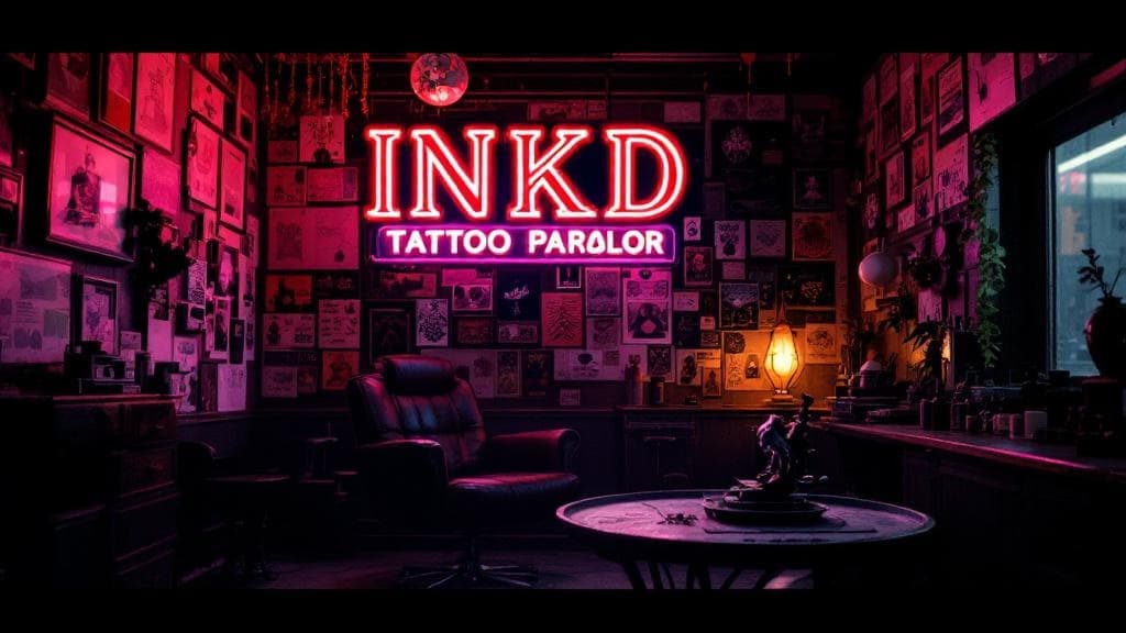 Inkd tattoo parlor interior at night